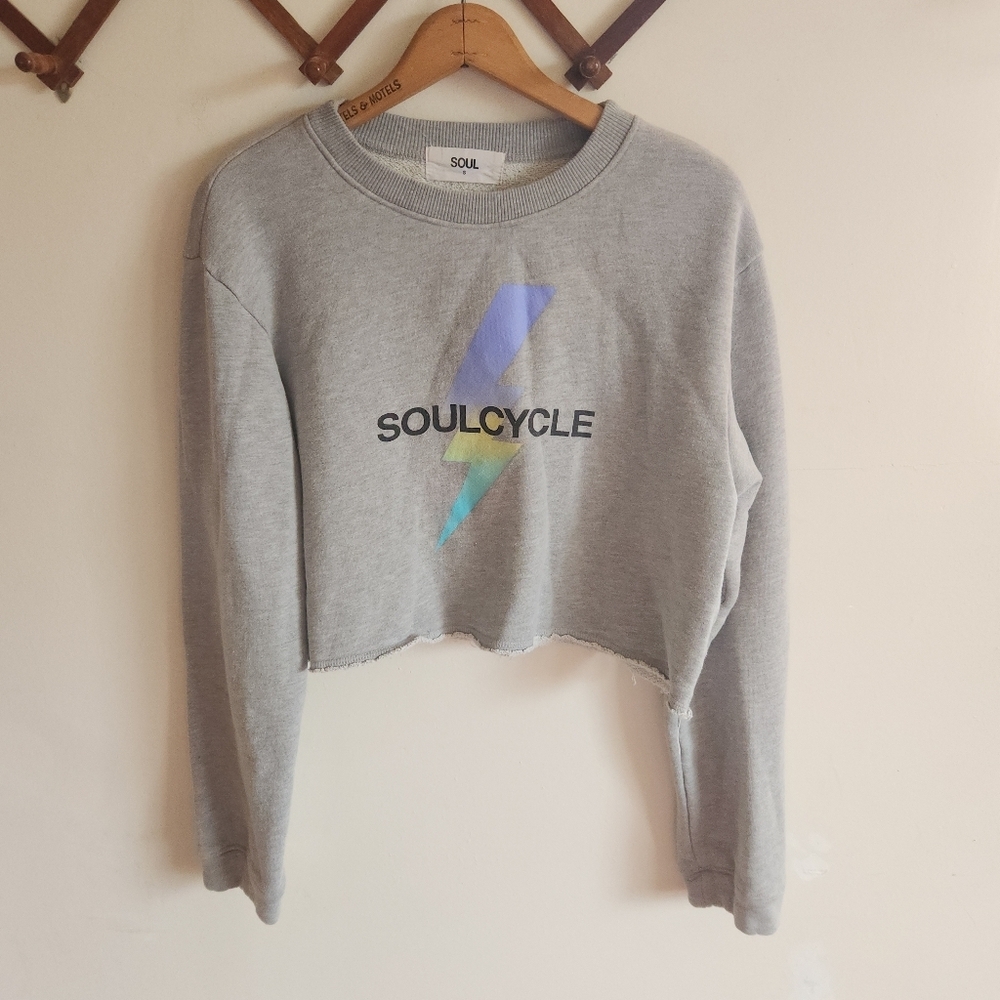 SoulCycle Heather Gray Cropped Hoodie with Colorful Bolt Small S Cotton